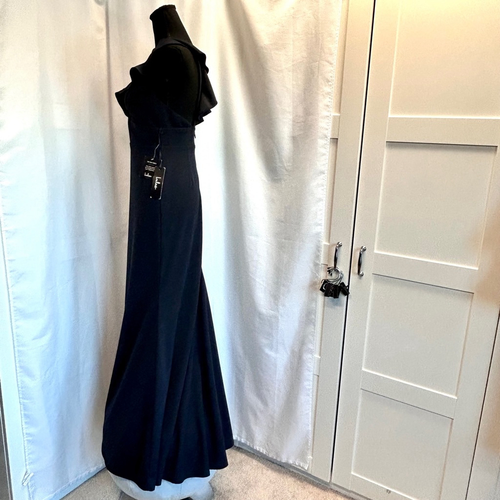 Lulu’s navy blue ruffle frill V neckline sleeveless pleated mermaid maxi dress M - Picture 6 of 16